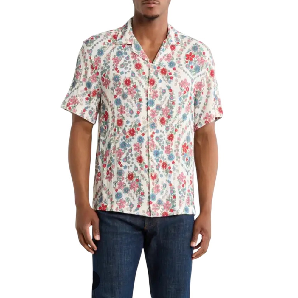 Denim & Flower Floal Print Camp Shirt‎ Short Sleeve Button Up Men's Size XL